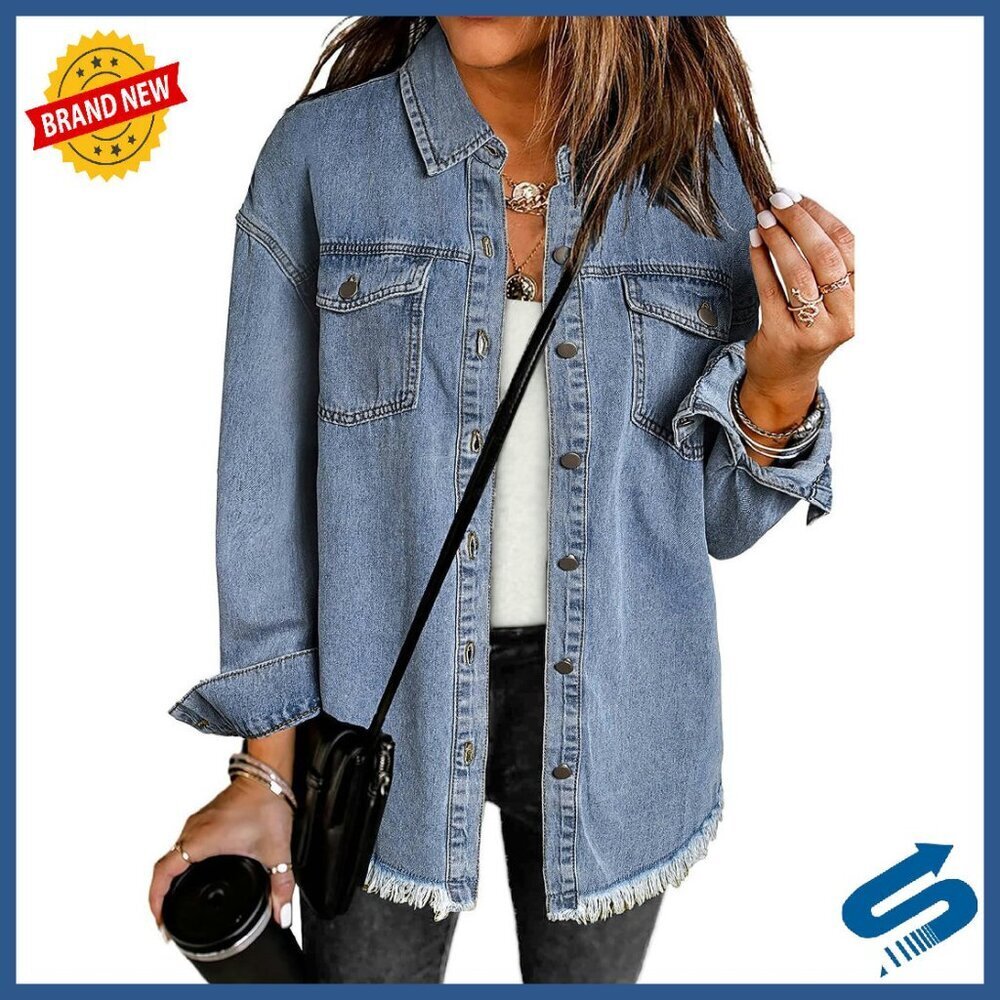 Oversized Denim Jacket Women's Long Sleeve Frayed Hem Western Shacket